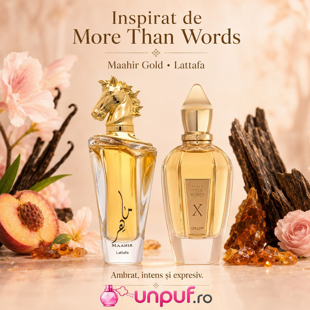 Note olfactive Maahir Gold Lattafa santal vanilie mosc iasomie bujor fructe roșii ambră